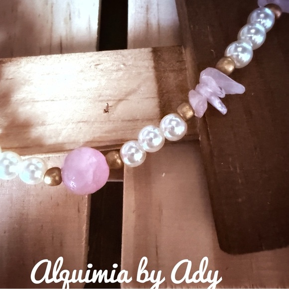 Pearls and pink quartz beaded short necklace - Picture 2 of 4